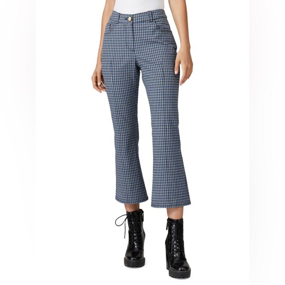 Derek Lam Sz 2 Blue Plaid Check Cropped Flare Leg High Rise Trouser Pants print